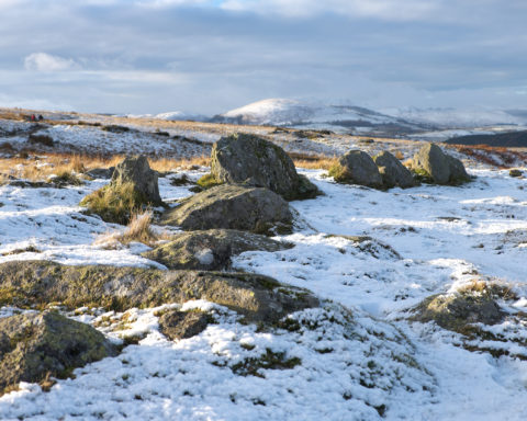 The Cockpit Stone Circle in snow by Vivienne Crow