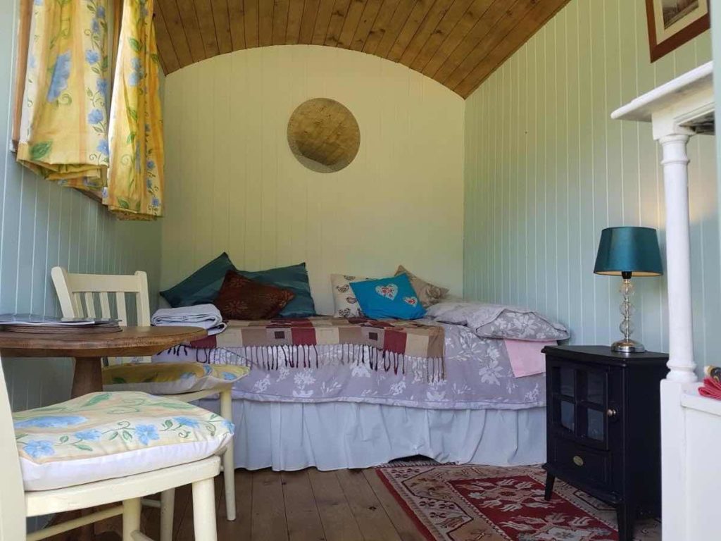 The cute interior of Stybeck Farm Shepherds hut.