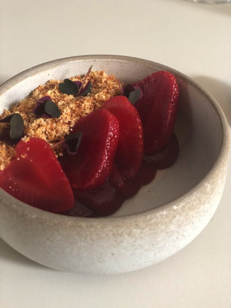 Macerated strawberries, custard, crumble - Heft High Newton