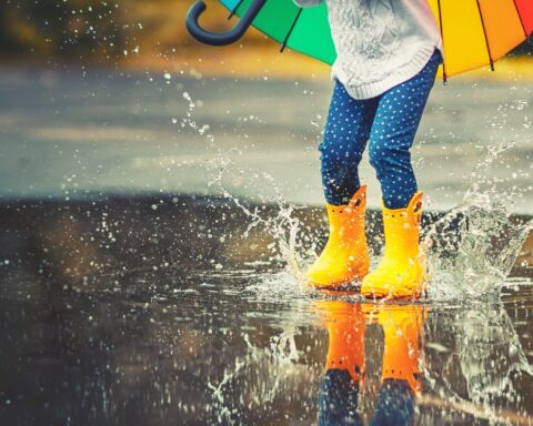 Things to do in the Lake District when it's wet - child splashing in puddles