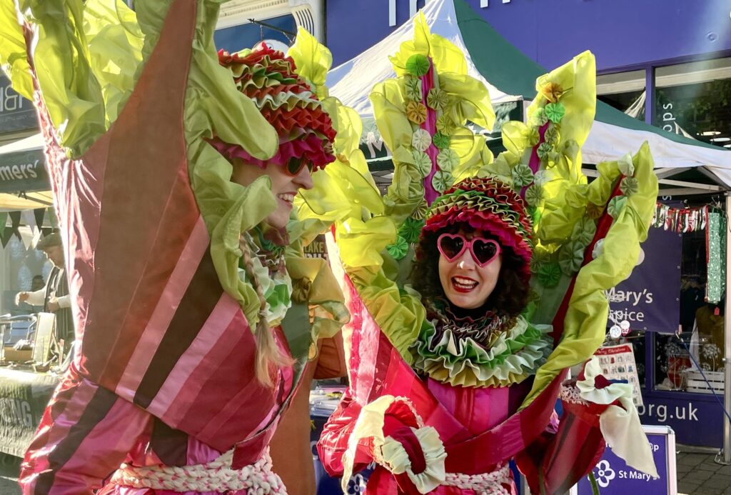 Ulverston Dickensian Christmas Festival - ladies dressed as rhubarb 